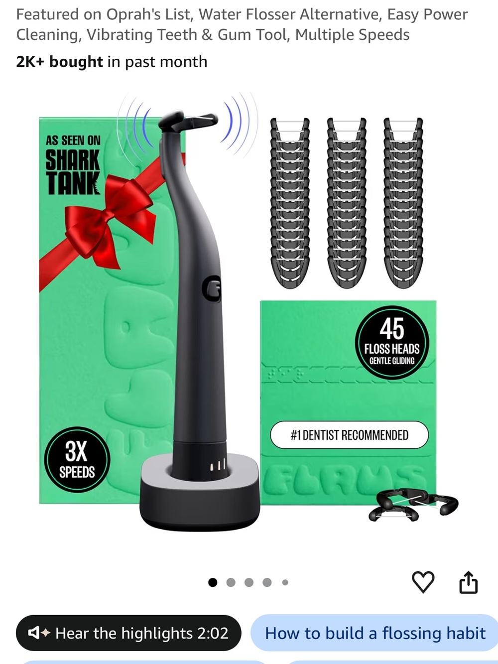 Flaus electric flosser, comes with pack of replacement heads, charger and stand